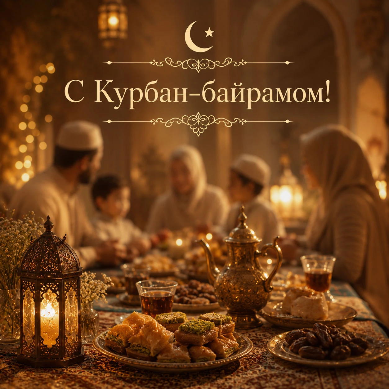 Теплое семейное поздравление с Курбан-байрамом с праздничным столом и атмосферой уюта