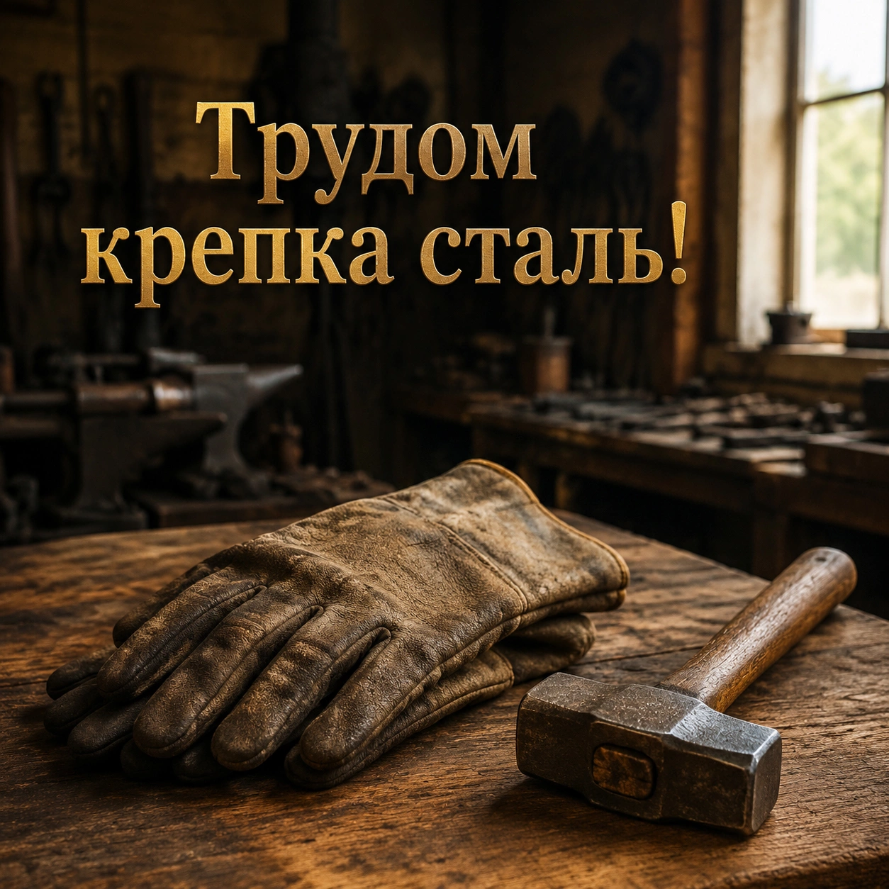 Открытка ко Дню металлурга с надписью «Трудом закаляется сталь!»