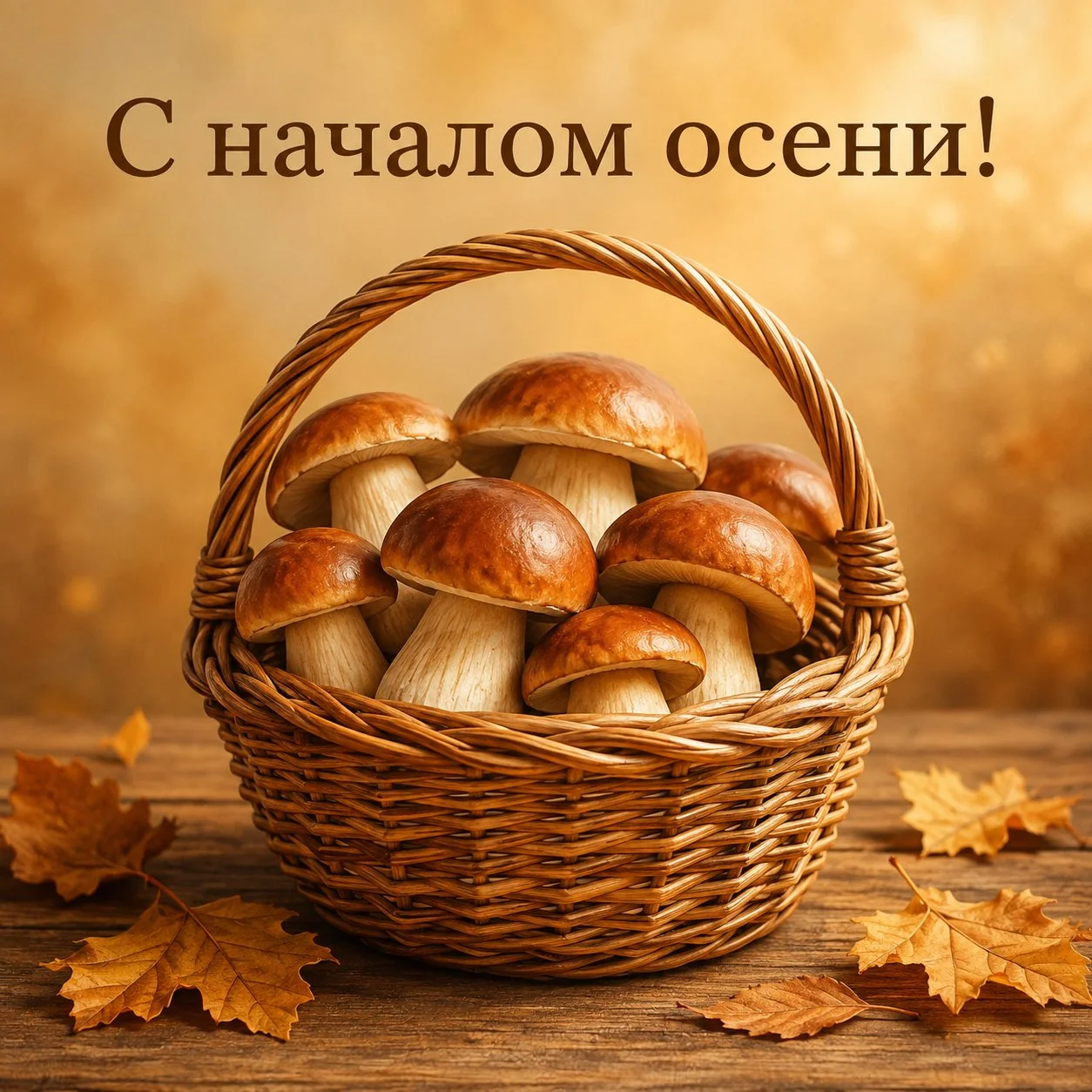 Открытка с началом осени с корзиной грибов