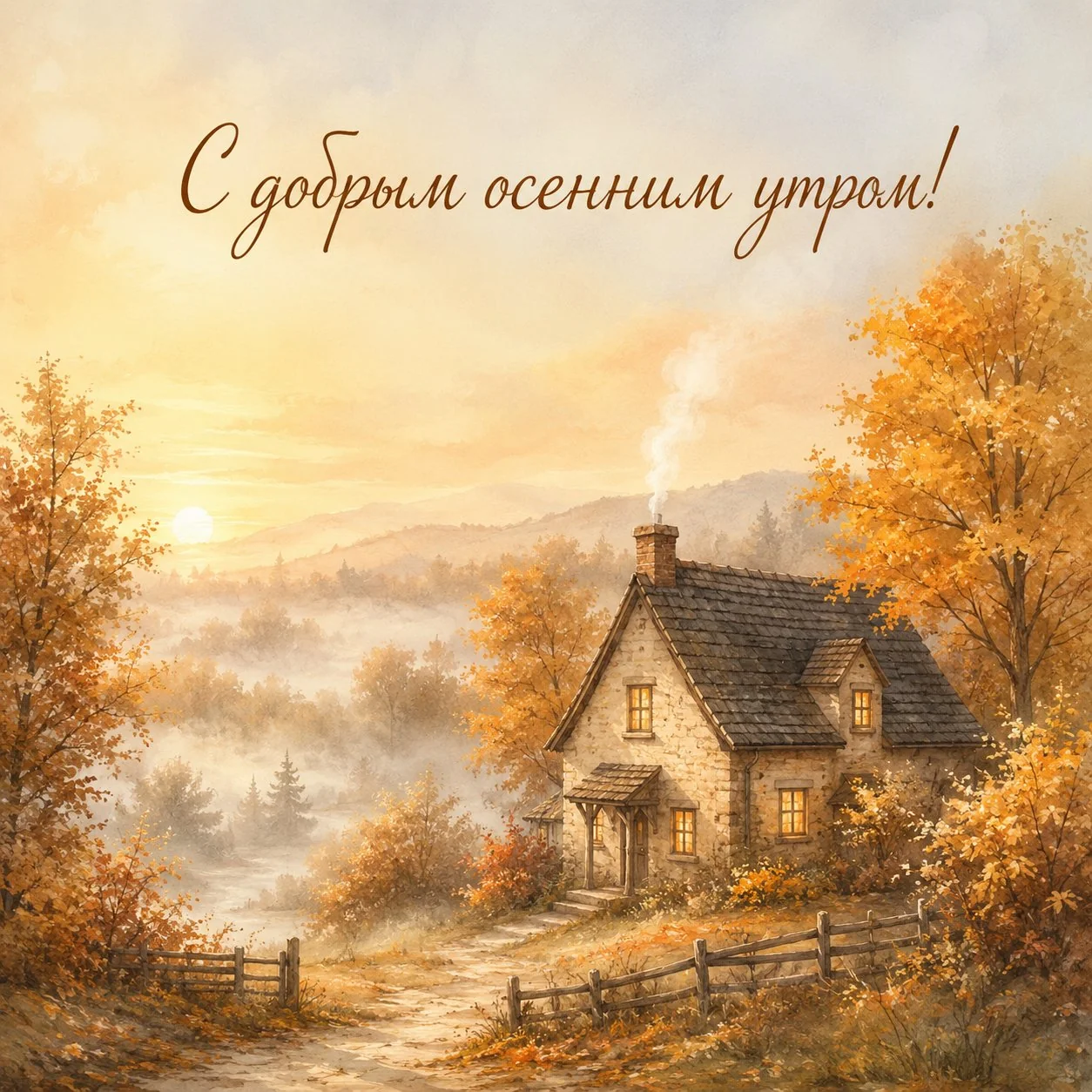 Осенняя открытка с добрым утром с домиком в тумане