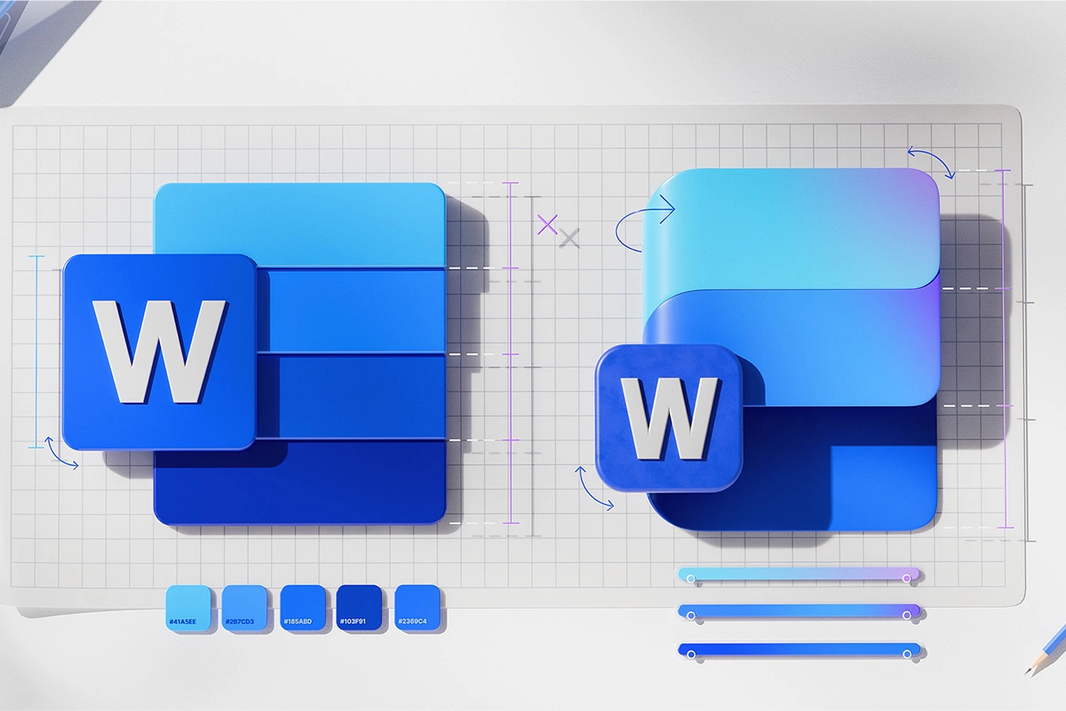 Значок Word, который раньше состоял из четырех горизонтальных полос (слева), теперь состоит из трех (справа)