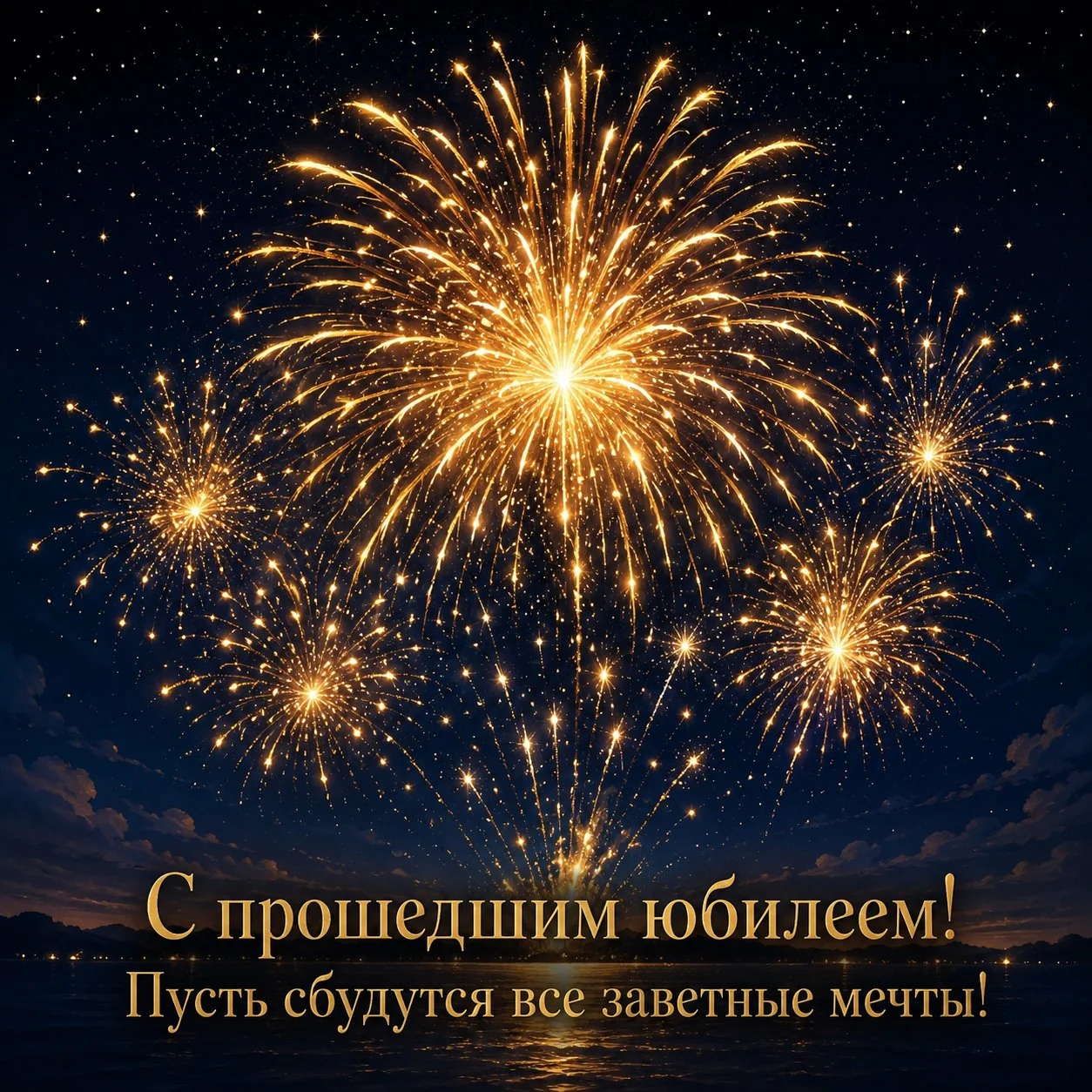 Красивая открытка с прошедшим юбилеем с салютом