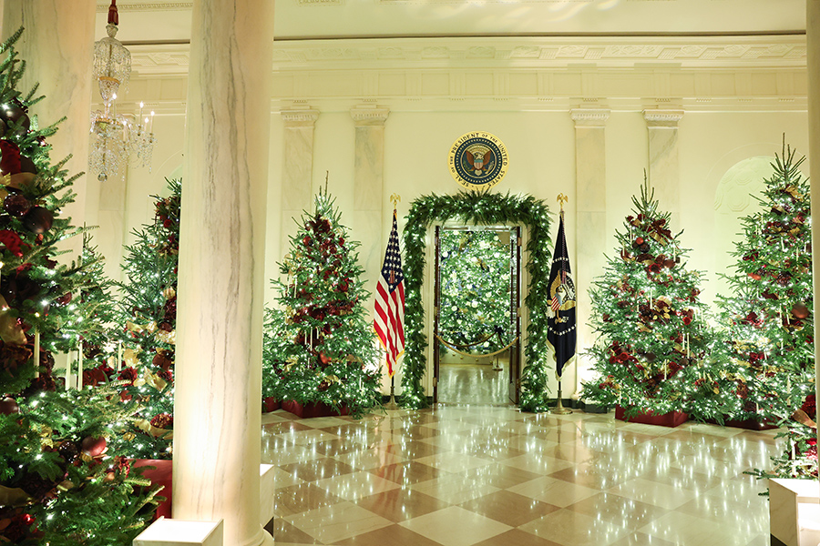 Новогодние елки и гирлянды в зале на первом этаже. Всего в Белом доме поставили более 50 елей и развесили более 200 метров гирлянд.