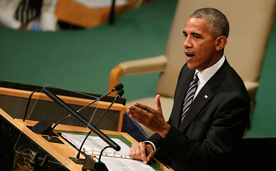 Президент США Барак Обама во&nbsp;время выступления в&nbsp;ООН в&nbsp;рамках открытия 71-й сессии Генеральной ассамблеи


