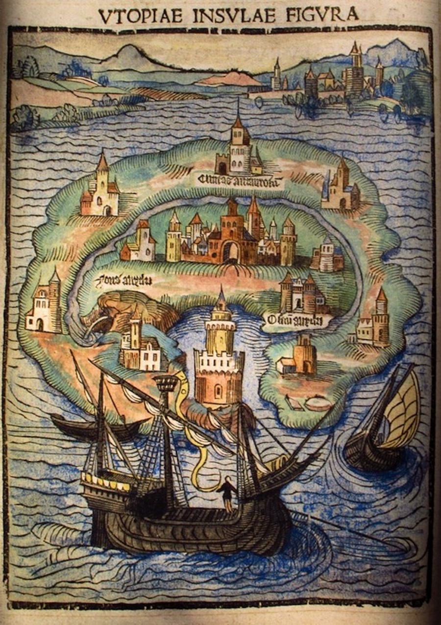 Раскрашенная вручную карта острова Утопия из книги Томаса Мора