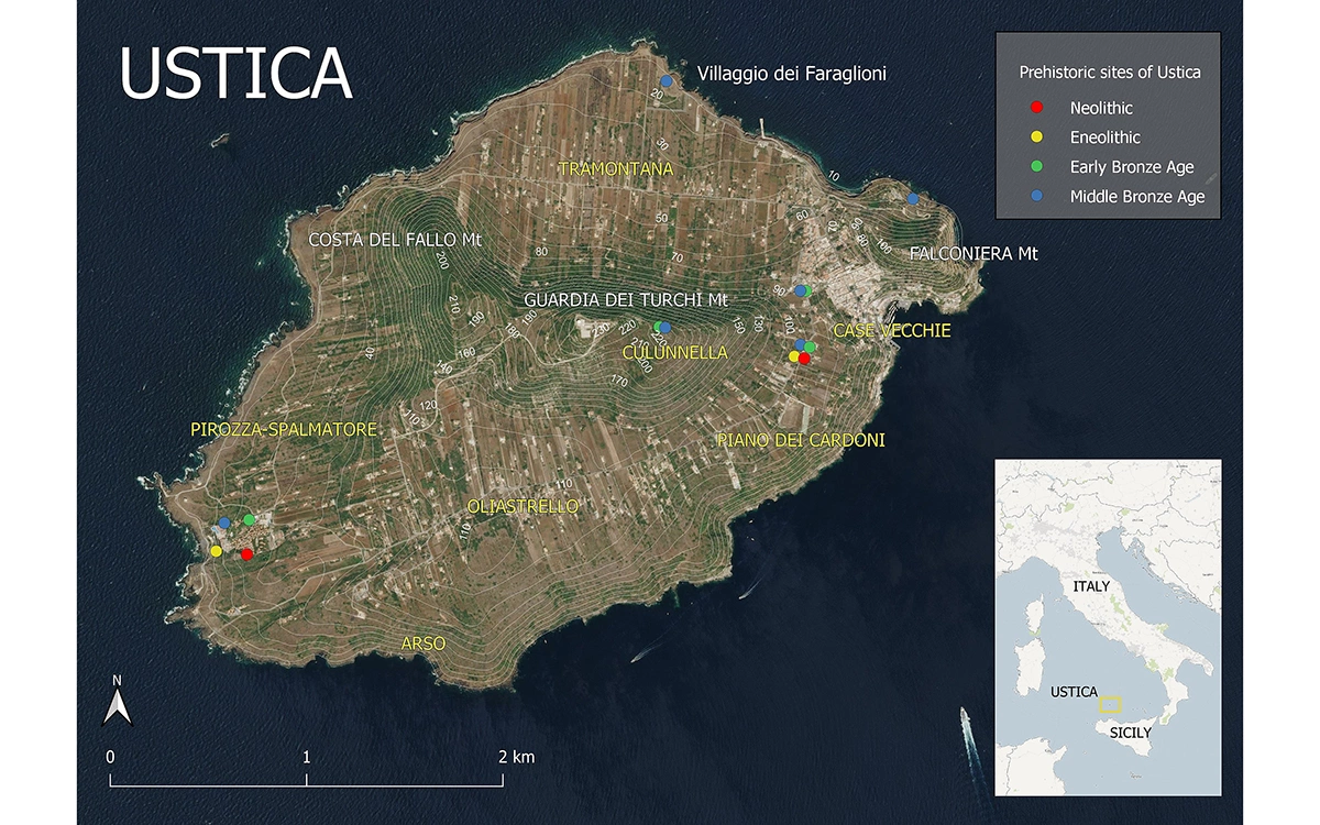 <p>Остров Устика (Сицилия, Италия) с указанием основных рельефов и равнин</p>
