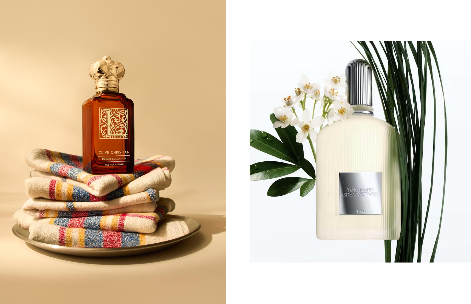 Слева: Духи L Red Tea Vetiver, Clive Christian. Справа: Парфюмерная вода Grey Vetiver, Tom Ford
