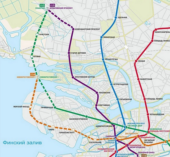 Схема линий петербургского метрополитена с&nbsp;перспективой развития до&nbsp;2025 года