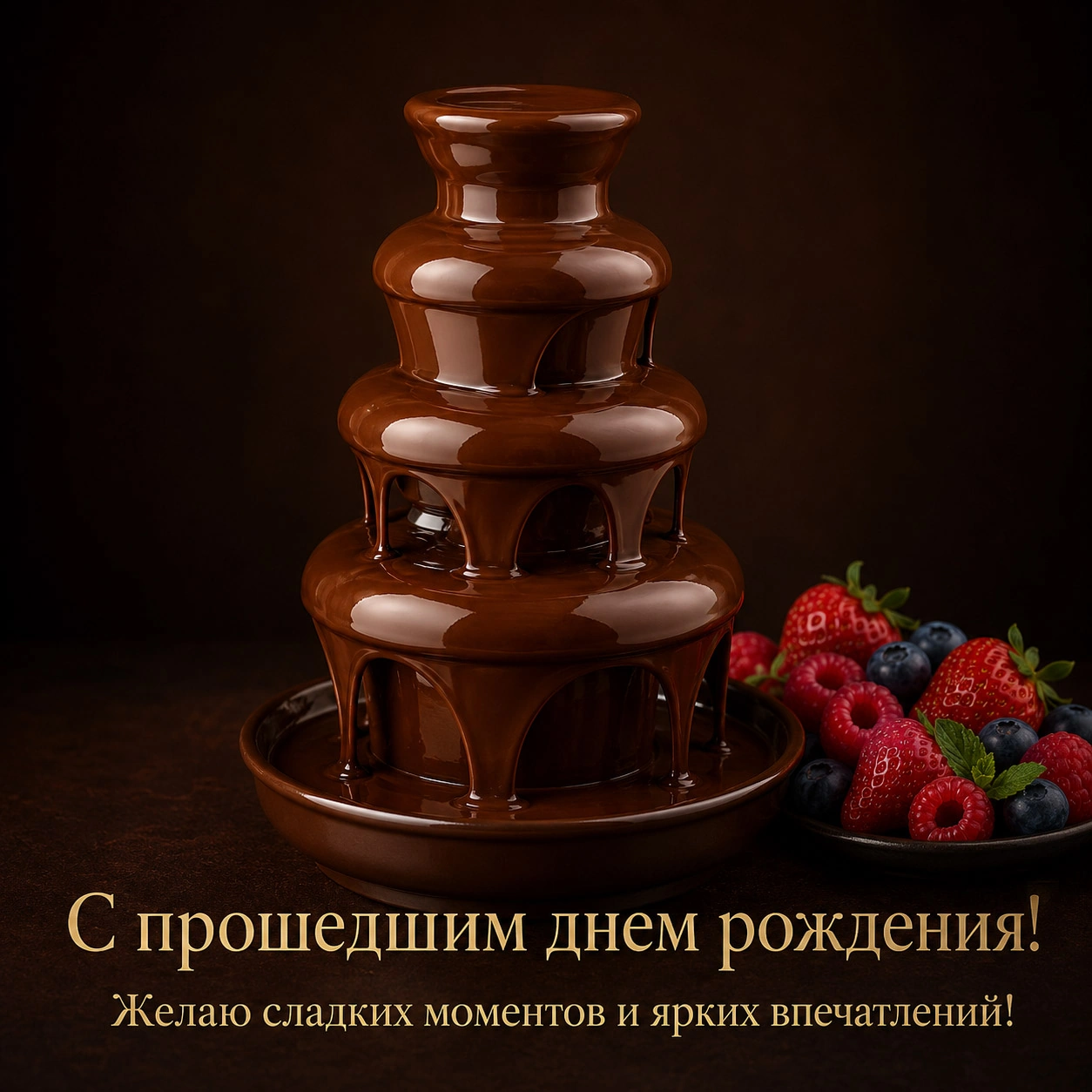 Красивая открытка с прошедшим днем рождения с шоколадным фонтаном