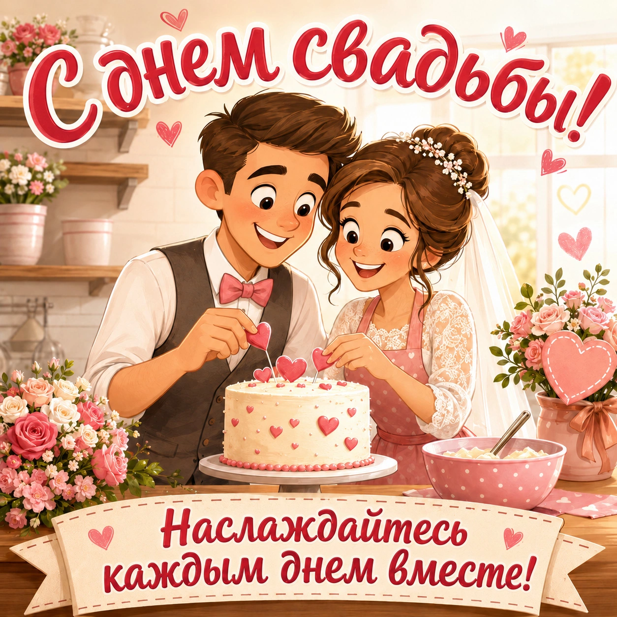 Забавная открытка с днем свадьбы и пожеланием «Наслаждайтесь каждым днем вместе!»