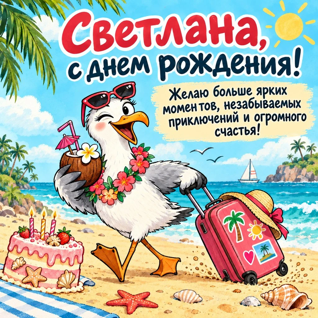 Смешная открытка с днем рождения Светлане с чайкой