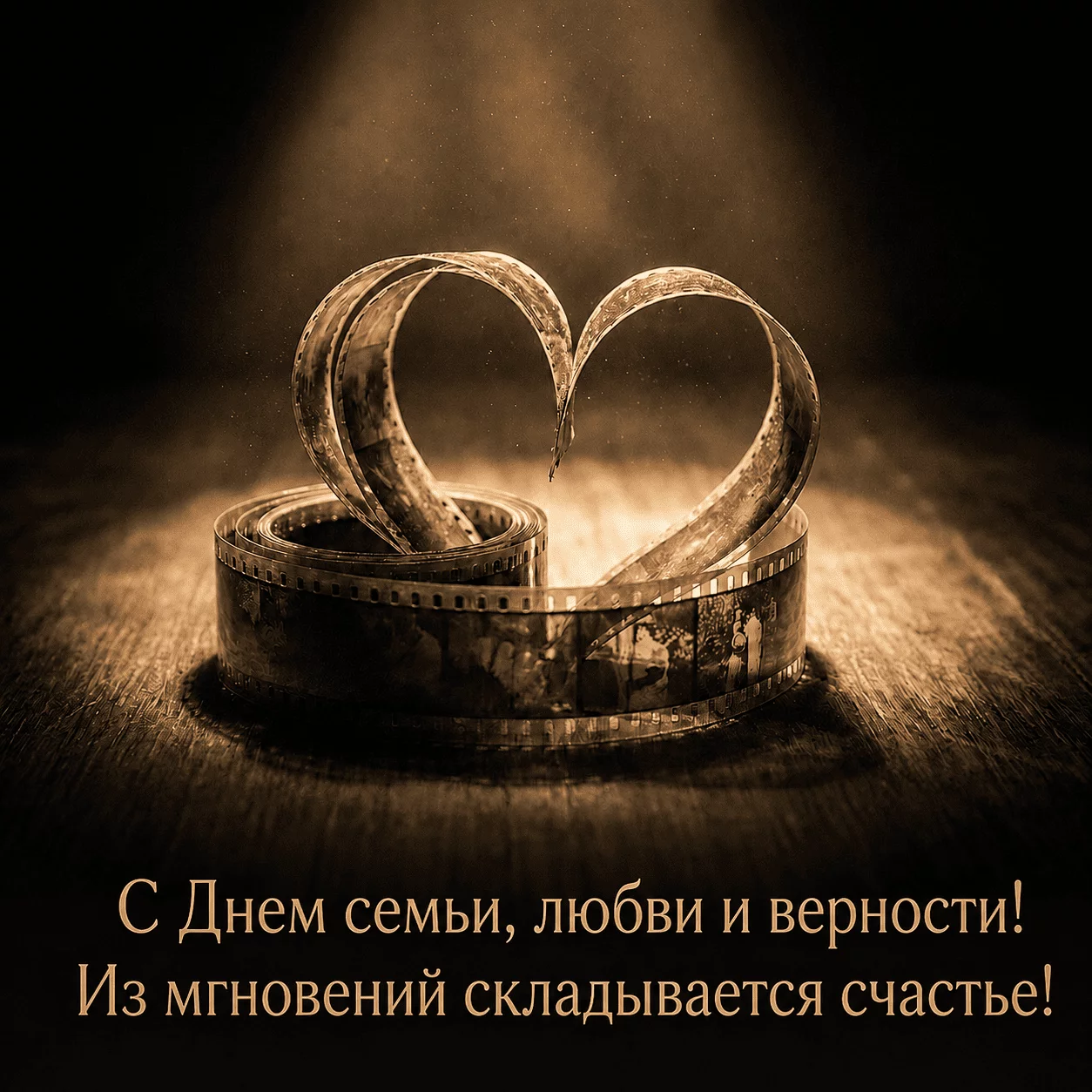 Кинематографичная открытка с кинолентой в форме сердца и поздравлением с Днем семьи, любви и верности