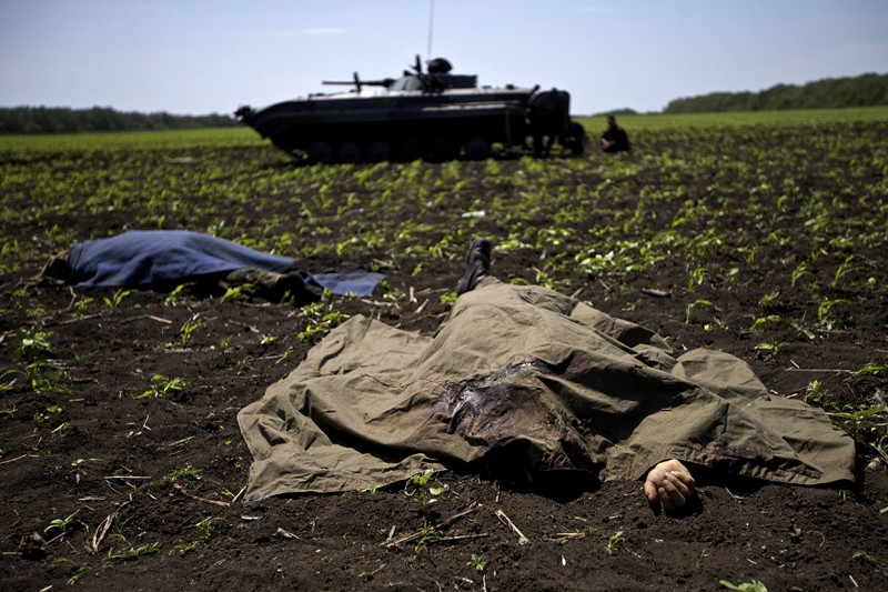 Тела украинских солдат недалеко от села Благодатное. Там были убиты по меньшей мере 11 украинских солдат, около 30 получили ранения. 