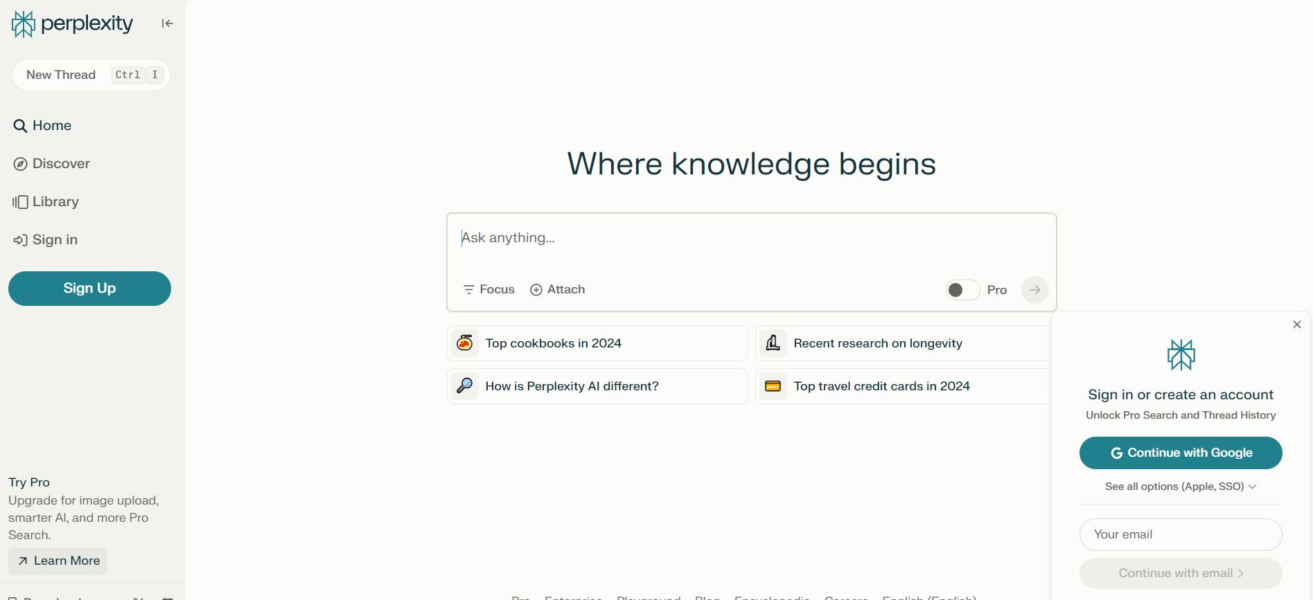 Главная страница perplexity.ai с окном авторизации