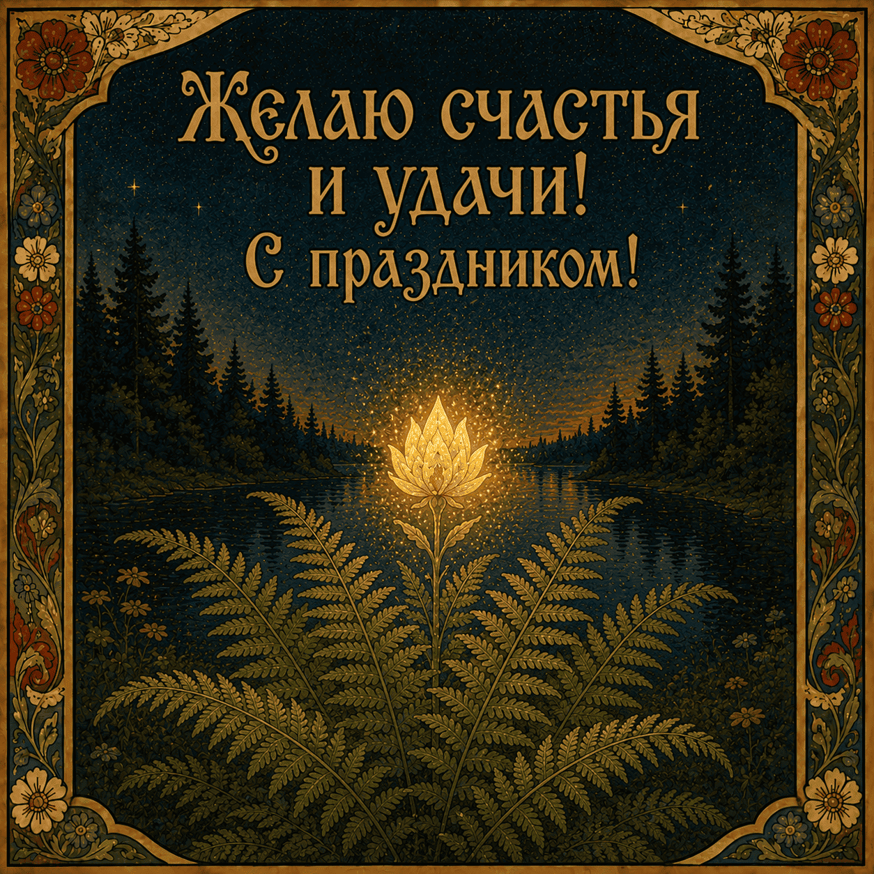 Открытка с Иваном Купалой с цветком папоротника и надписью «Желаю счастья и удачи! С праздником!»
