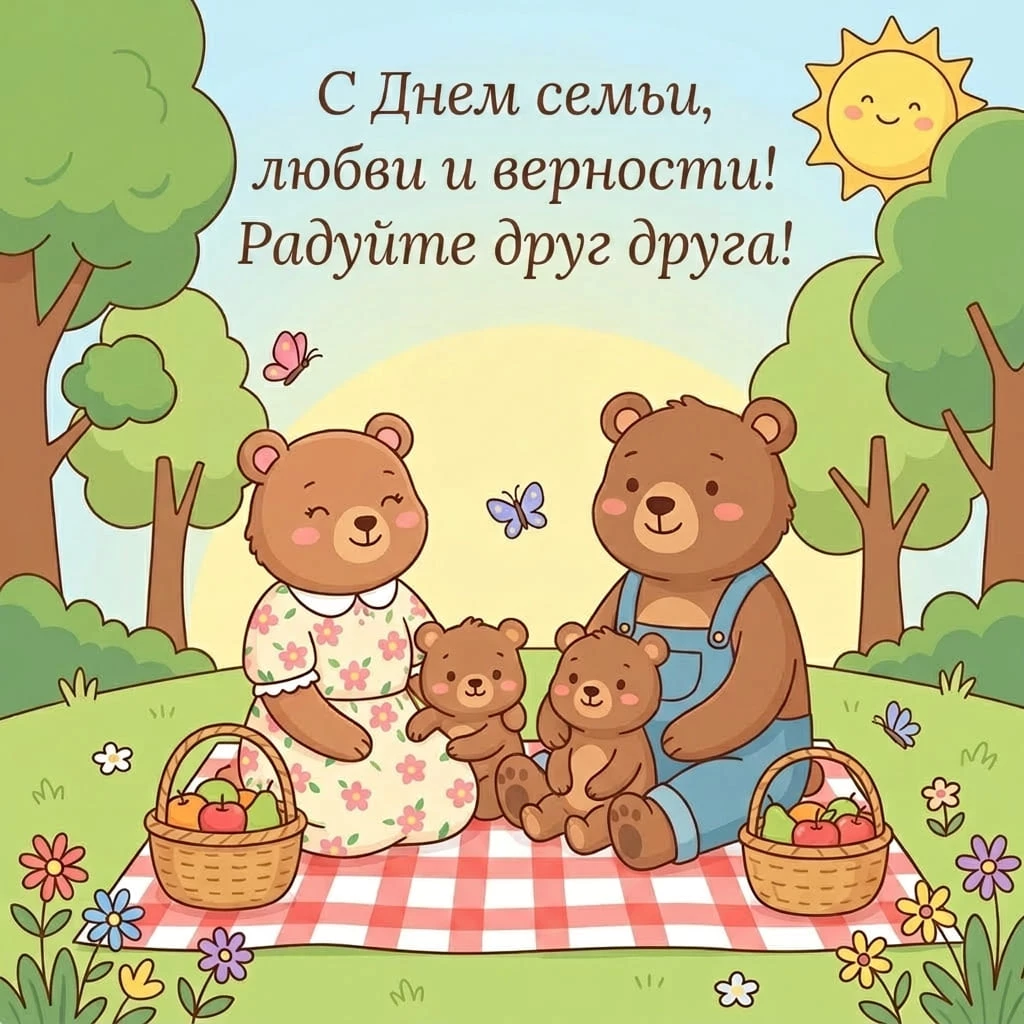 Милая открытка с медведями и поздравлениями с Днем семьи, любви и верности