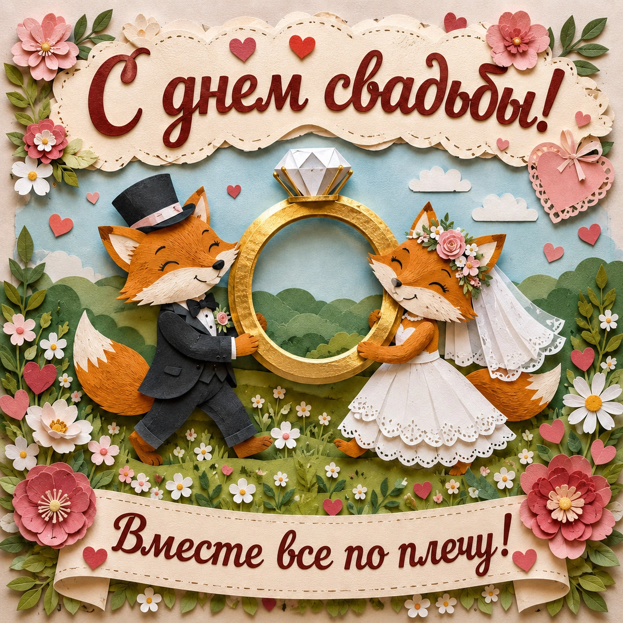 Открытка с днем свадьбы и надписью «Вместе все по плечу!»