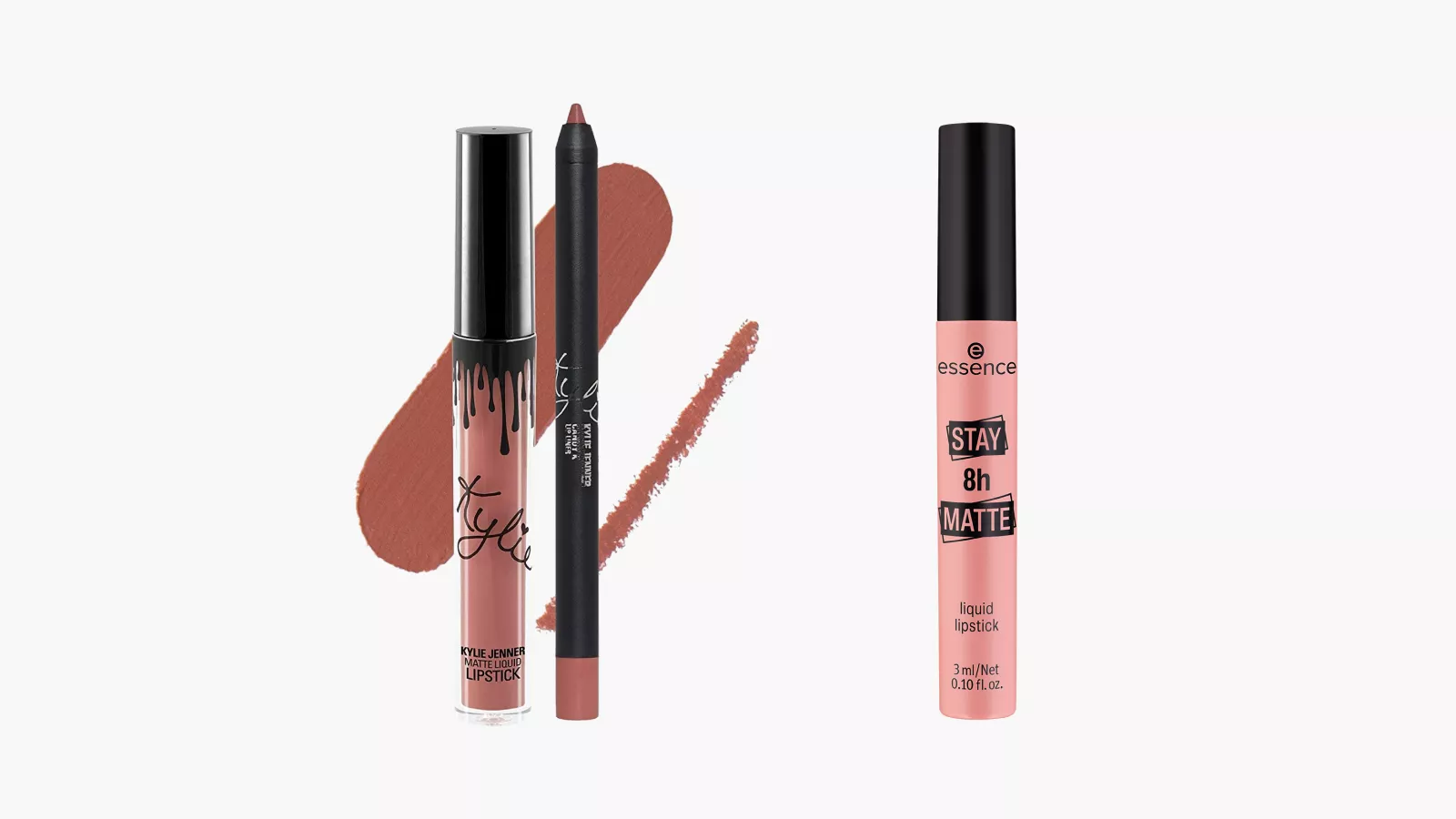 <p>Слева: набор для матового макияжа губ Candy K Matte, Kylie Cosmetics</p>

<p>Справа: матовая помада Stay 8h Matte Liquid Lipstick, Essence</p>