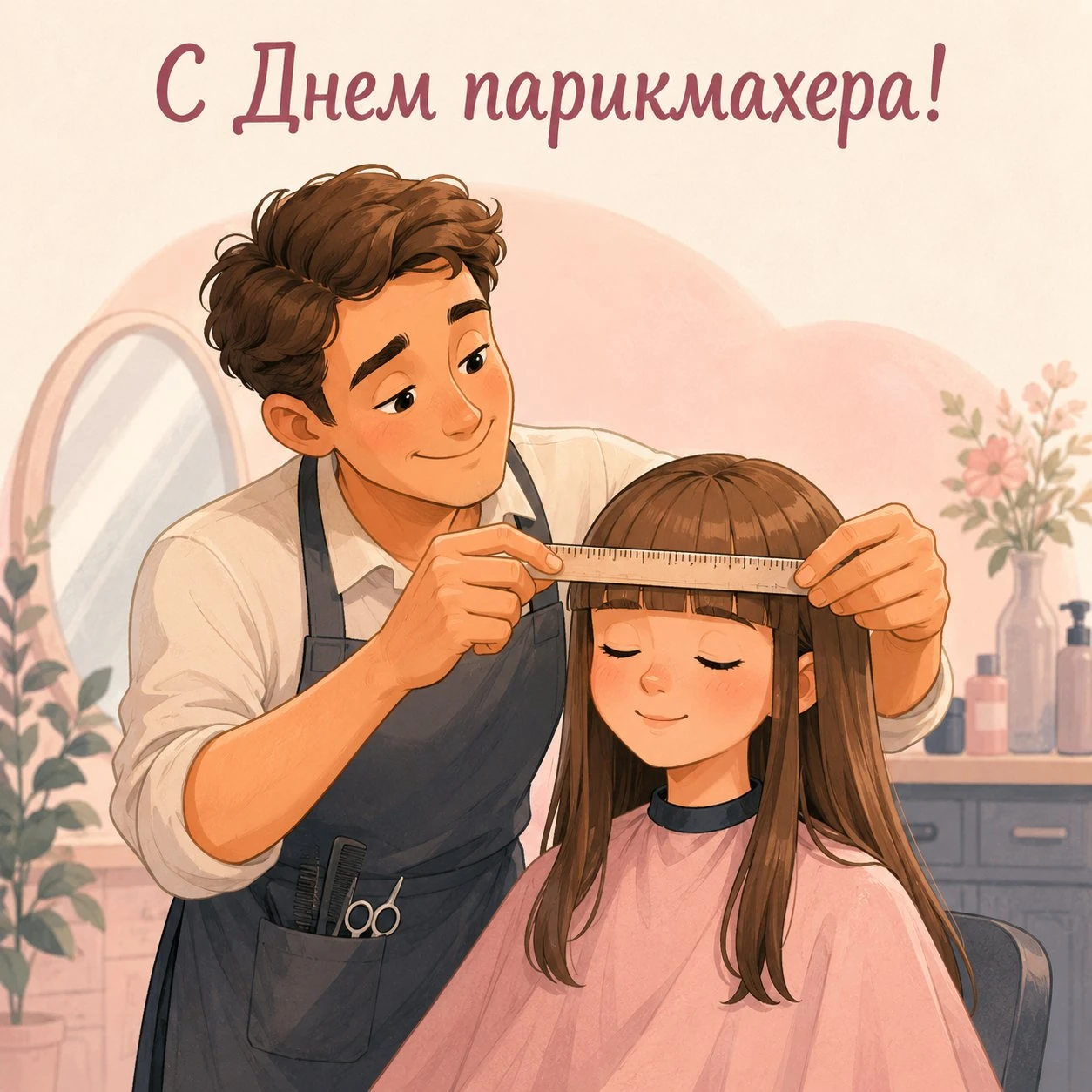 Милая открытка с Днем парикмахера