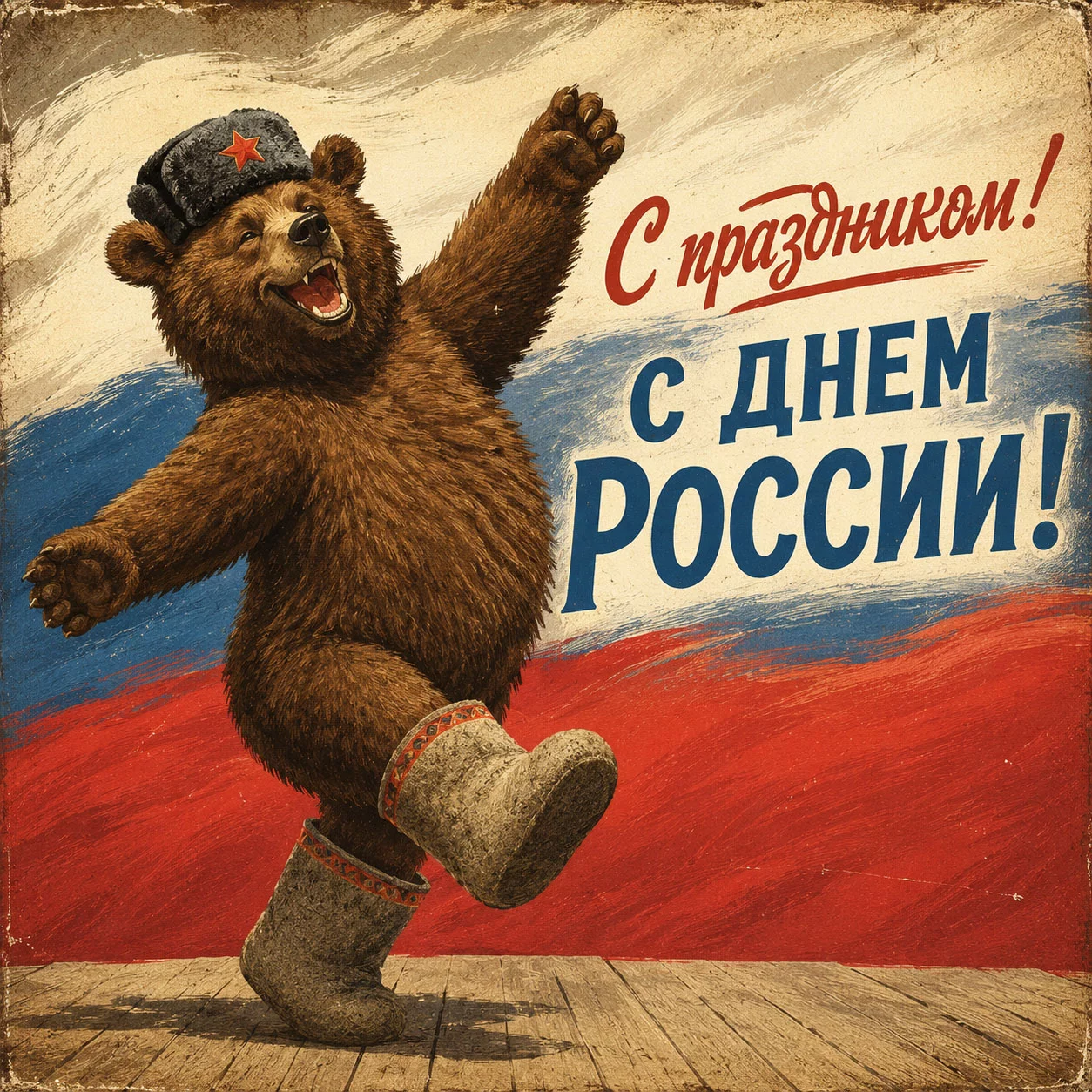 Медведь в валенках на фоне флага России