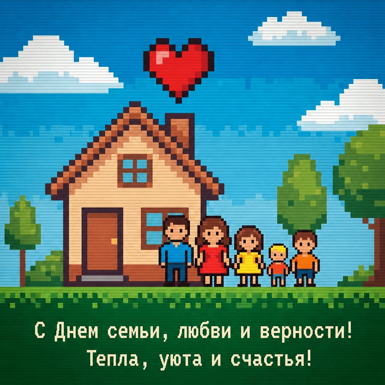 Пиксель-арт открытка с домиком, сердечком и семейными фигурками, с поздравлением с Днем семьи, любви и верности