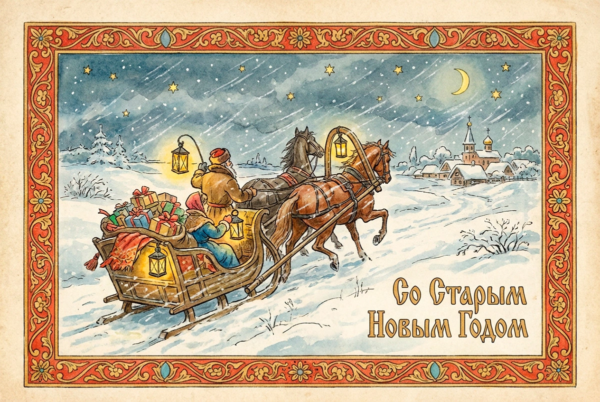 15 открыток на Старый Новый год — 2026: советские и в стиле ретро