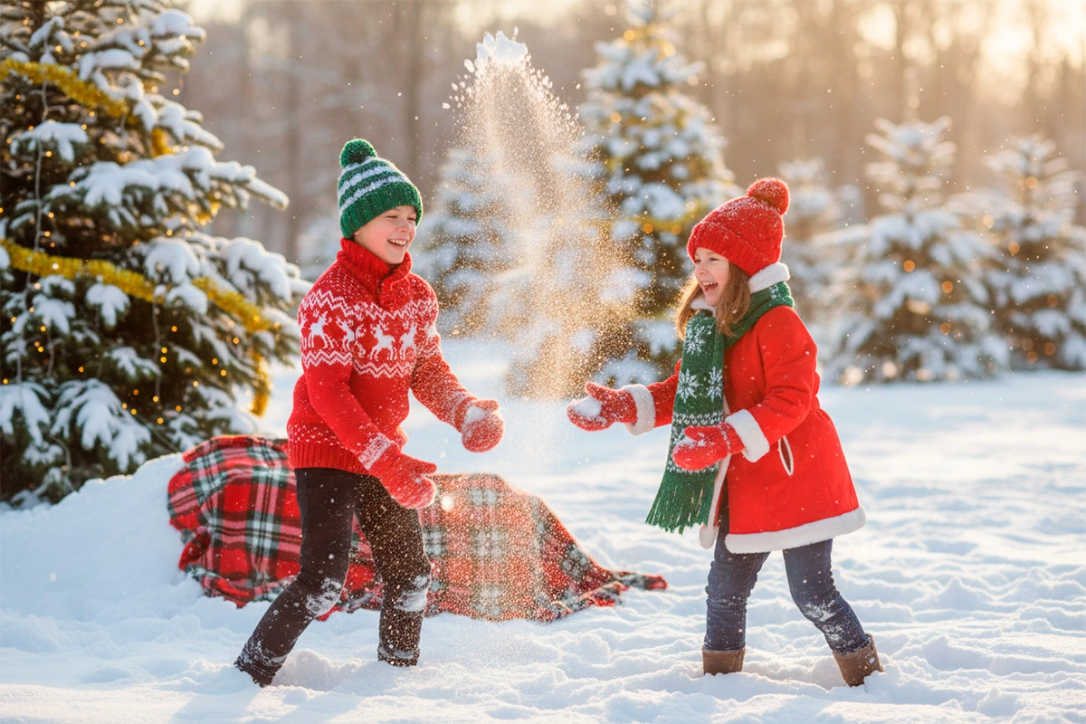 Лучше всего атмосферу веселья и предстоящего праздника передадут активные сюжеты: игра в снежки, катание на санках или коньках