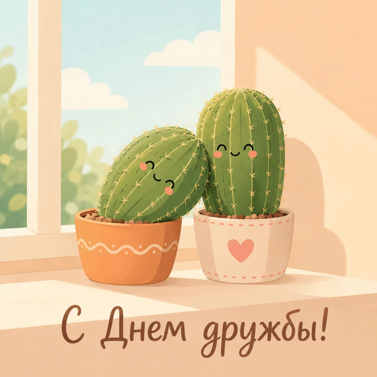 Прикольная открытка ко Дню дружбы с кактусами
