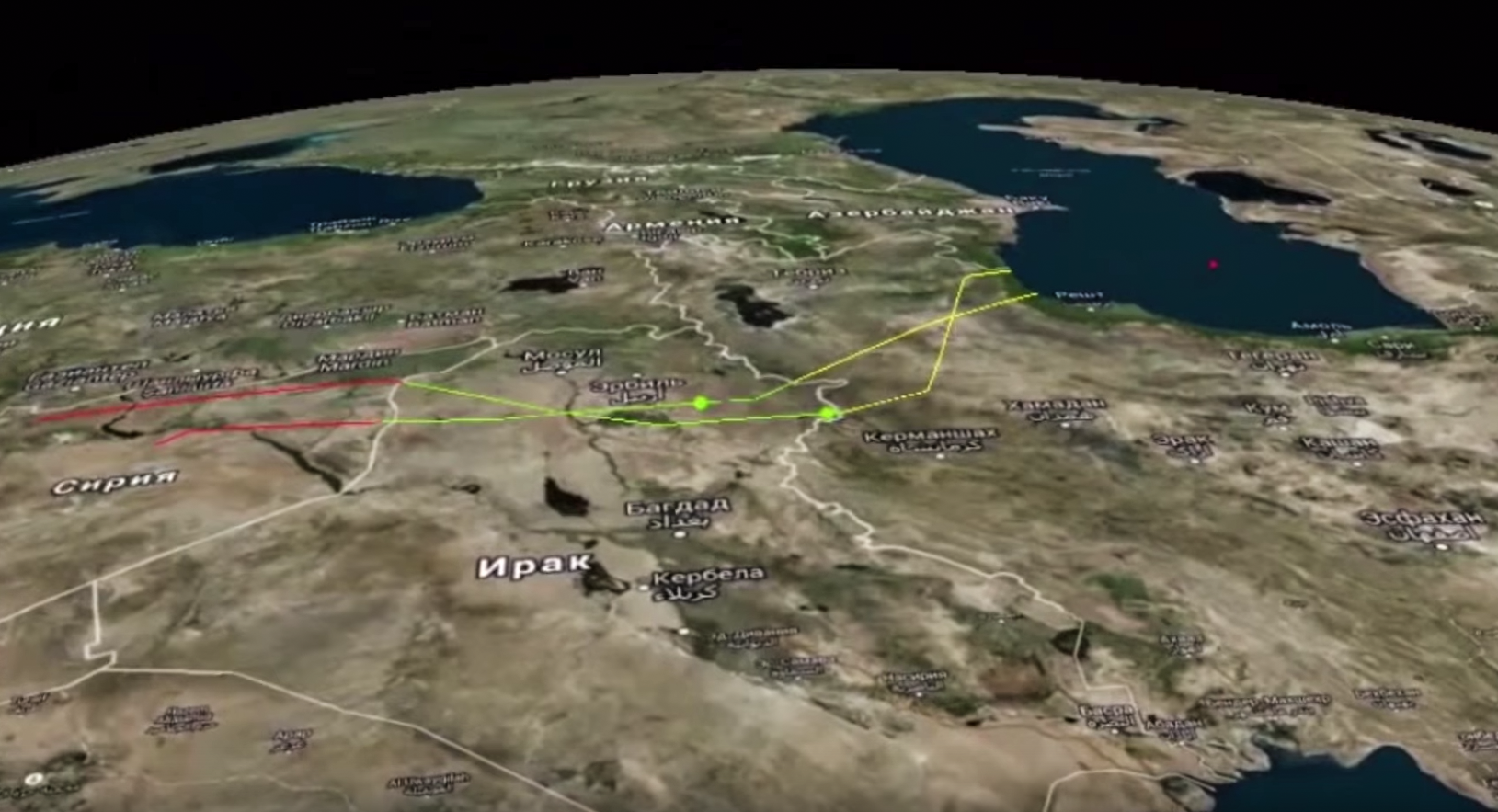 Траектории полета ракет над&nbsp;территорией Ирана, Ирака и&nbsp;Сирии