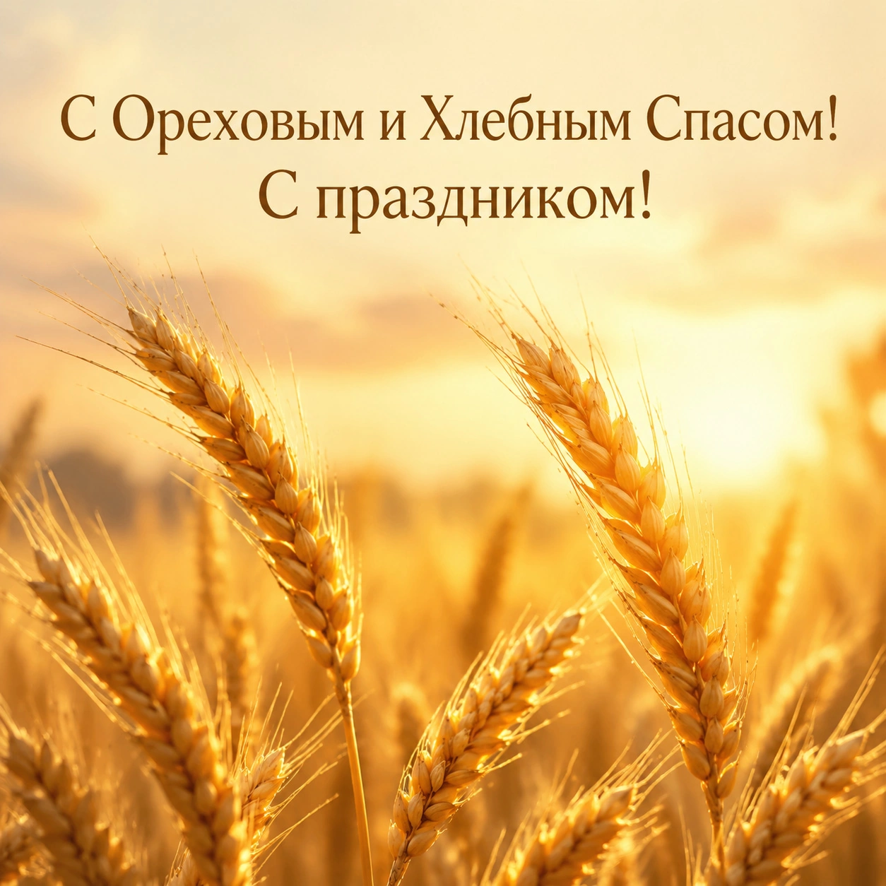 Открытка на Ореховый и Хлебный Спас с пшеничными колосьями