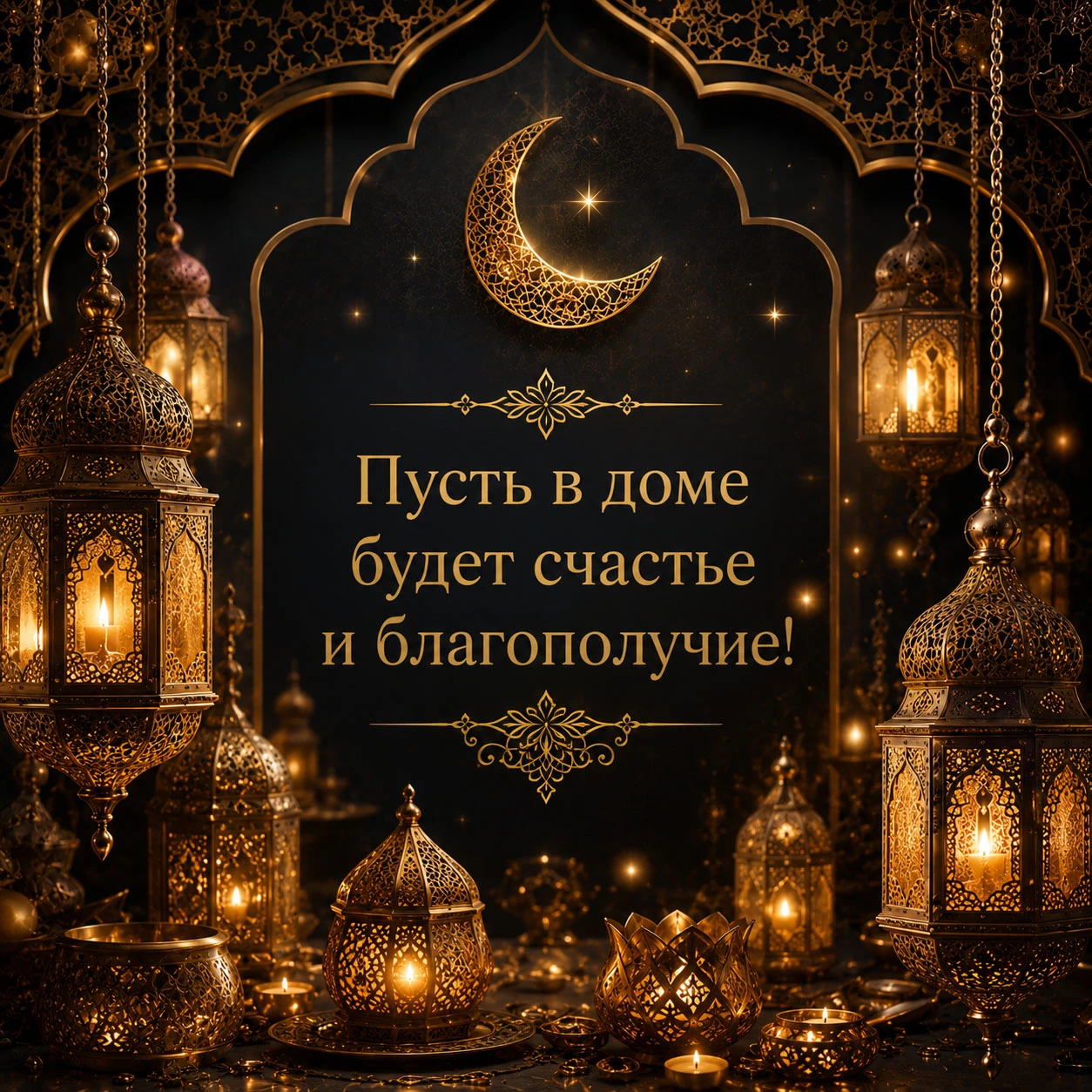 Роскошное вечернее поздравление с Курбан-байрамом с золотыми фонарями и полумесяцем