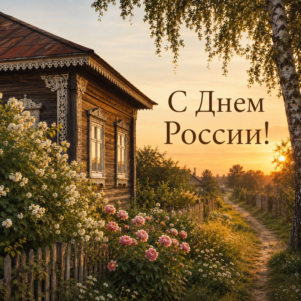 Дом с цветущим садом и надпись «С Днем России!»