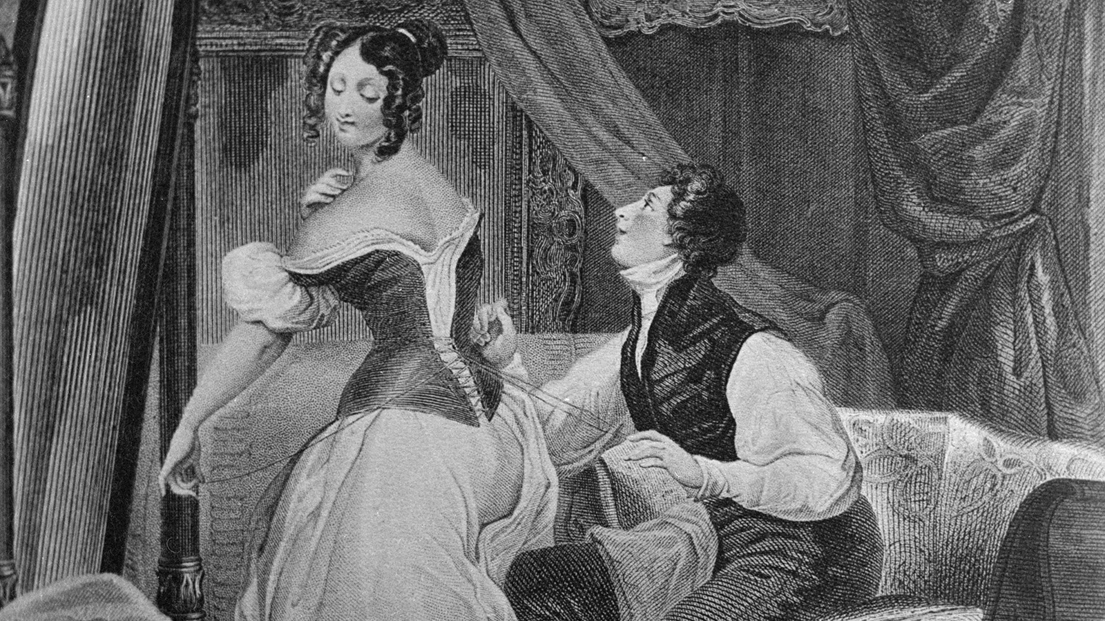 <p>Мужчина помогает одеться возлюбленной и зашнуровывает&nbsp;ее корсет. Около 1750 года</p>