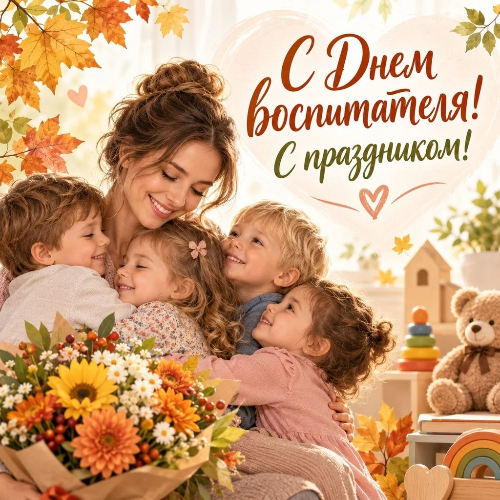 Открытка ко Дню воспитателя с детьми и осенними листьями