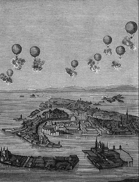 Бомбардировка Венеции австрийскими беспилотными аэростатами, 1849 год. Гравировка по дереву, автор неизвестен