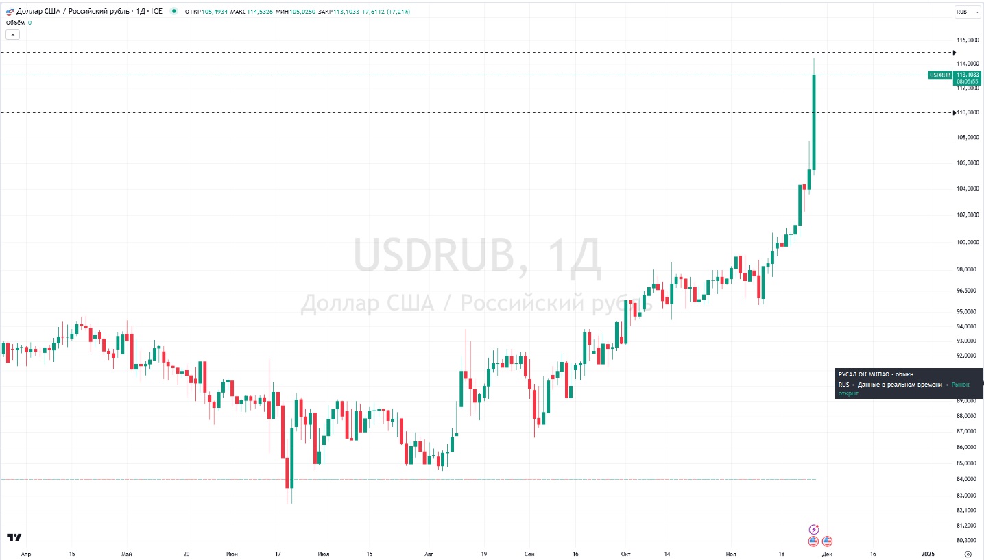 Курс доллара на Форекс вырос за день на 8,5% и превысил ₽114