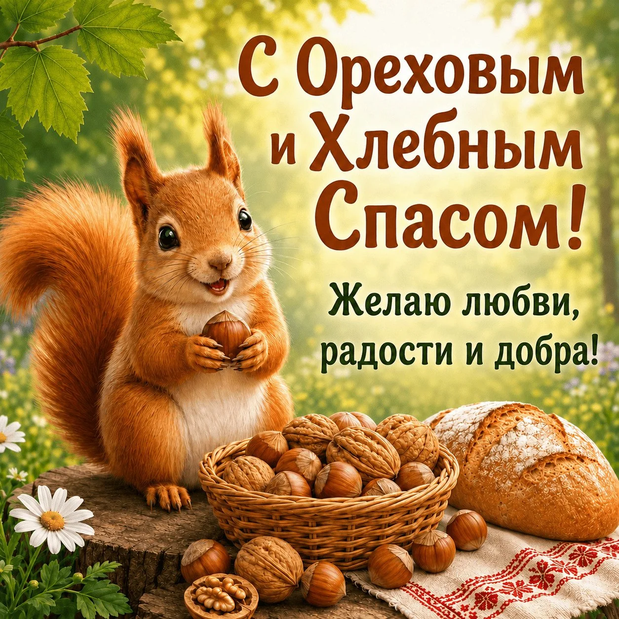 Милая открытка с Ореховым и Хлебным Спасом