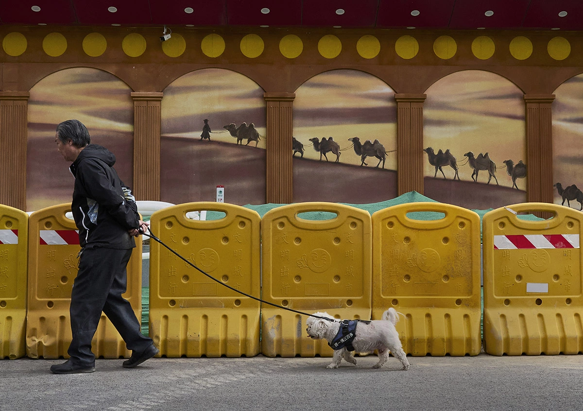 <p>Мужчина ведет свою собаку, проходя мимо фрески, на которой изображен мужчина, ведущий верблюдов, Пекин, 2023 год</p>
