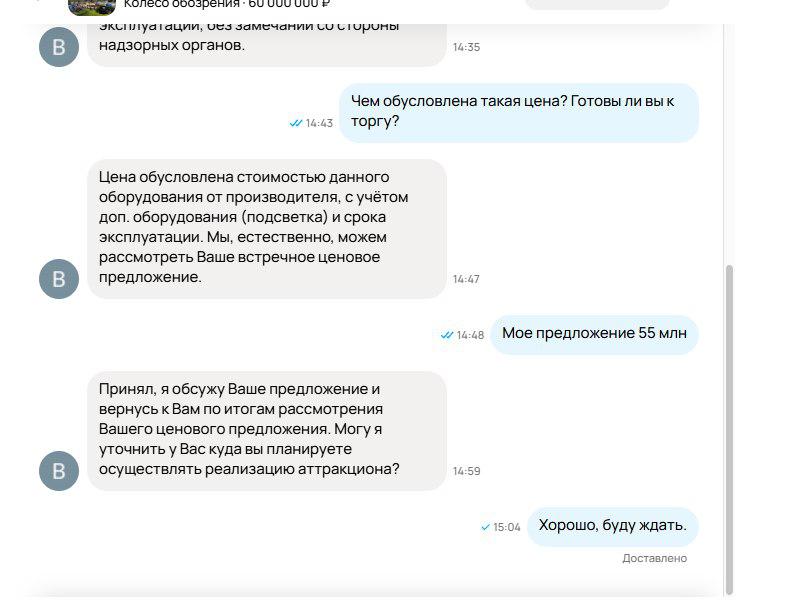Скриншот переписки с владельцем колеса обозрения