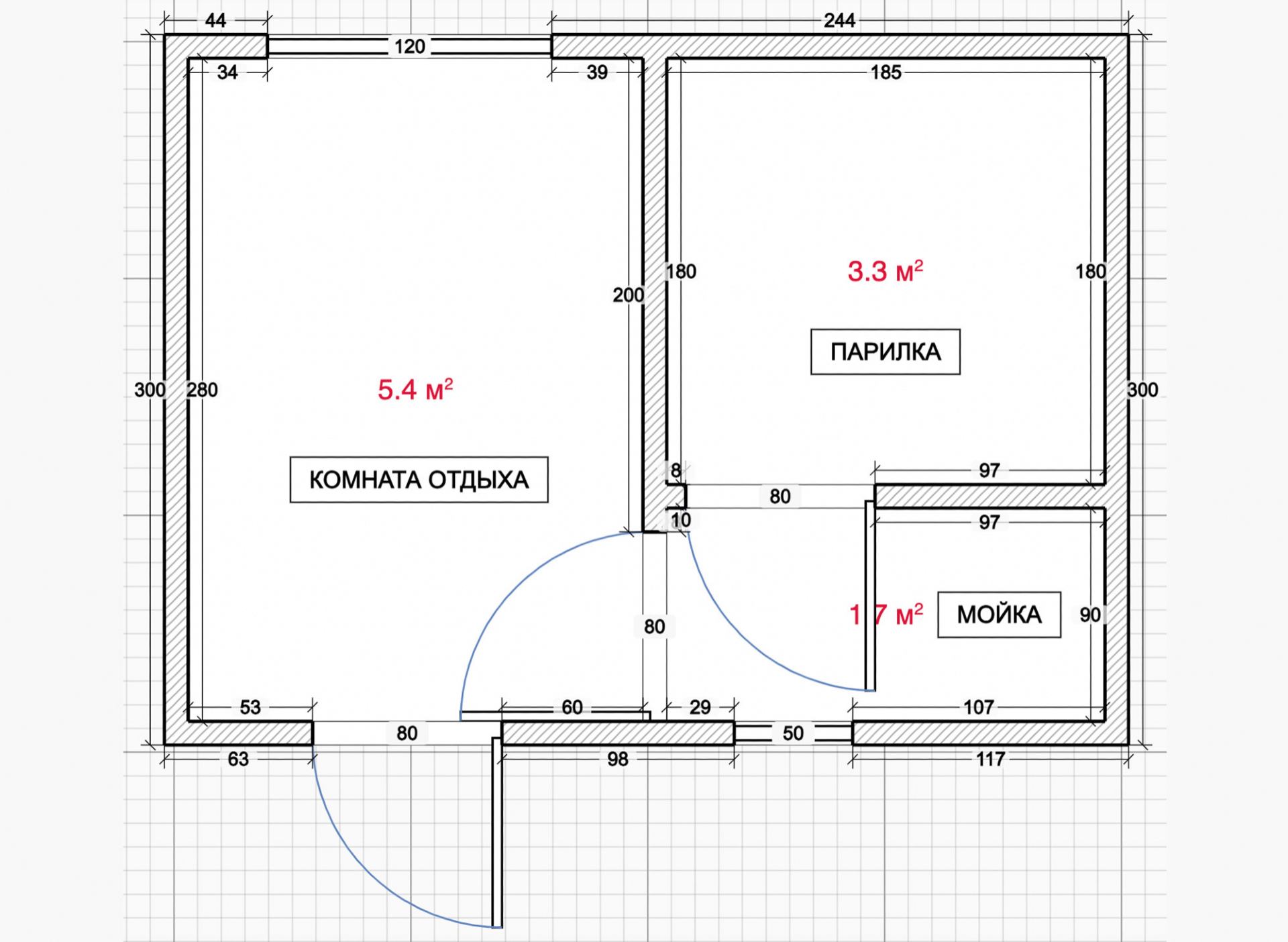 В планировку 3×4 м поместится баня минимальной комплектации: парная, моечная и небольшая комната отдыха