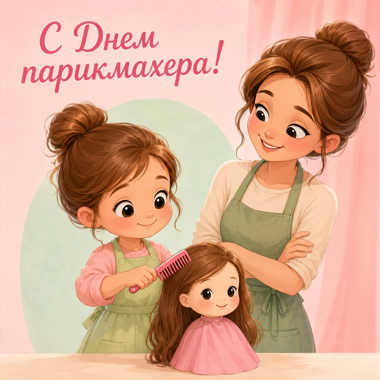 Милая открытка с Днем парикмахера с девочкой и куклой