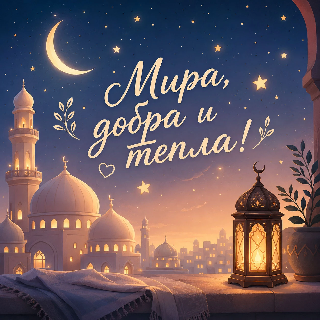 Нежное поздравление с Курбан-байрамом с ночной мечетью, фонарем и пожеланием мира, добра и тепла
