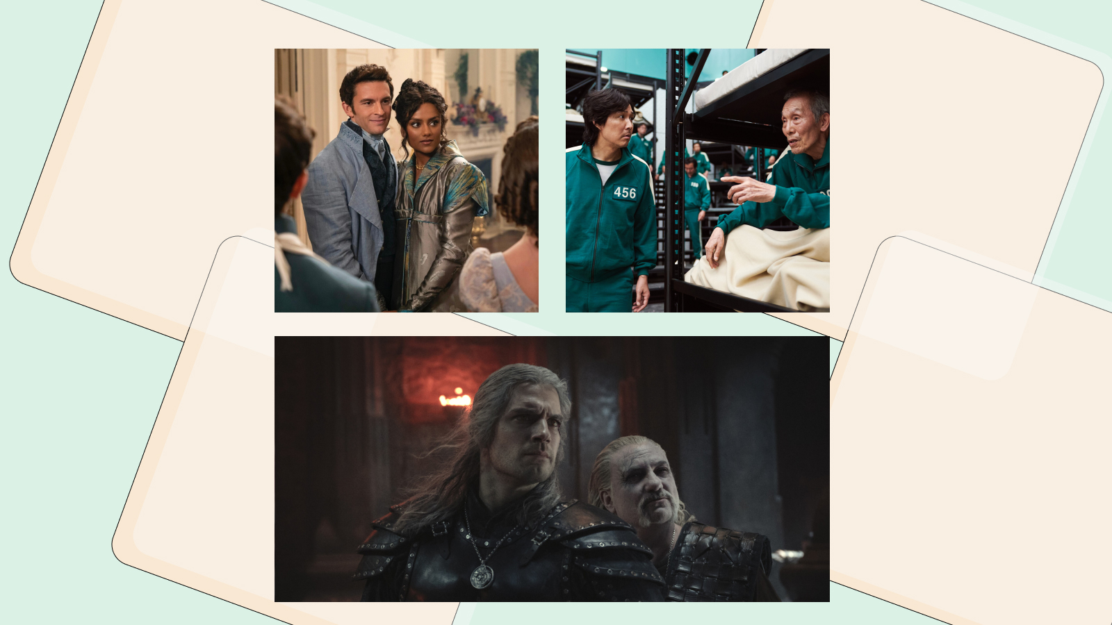 Кадры из сериалов «Бриджертоны», «Игра в кальмара» и «Ведьмак»