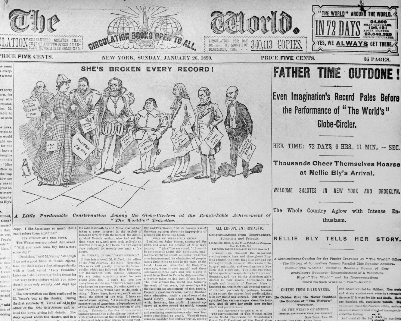 Выдержка из газеты The World со статьей о кругосветном путешествии Нелли Блай, 1890 год.