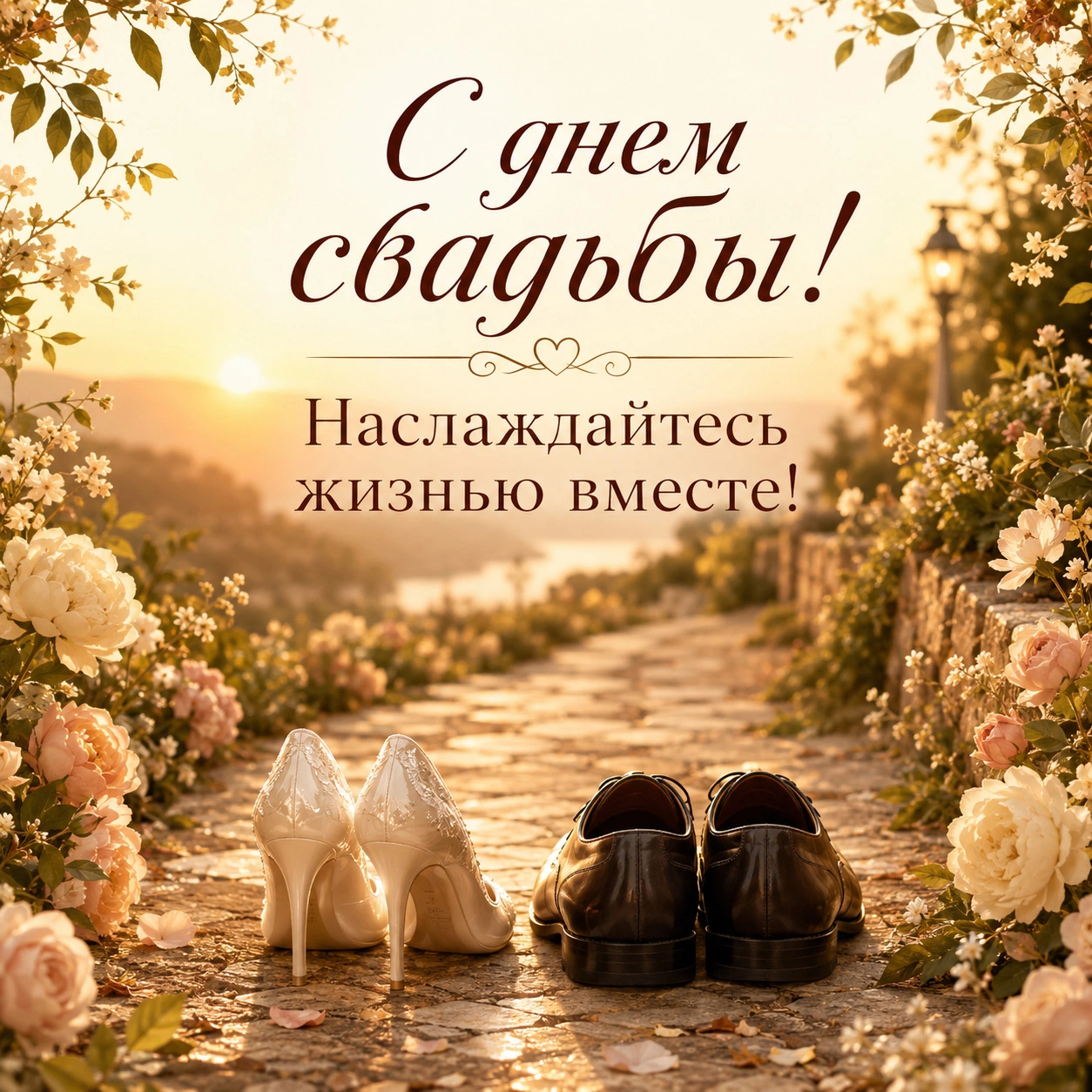 Романтичная открытка с надписью «С днем свадьбы! Наслаждайтесь жизнью вместе!»