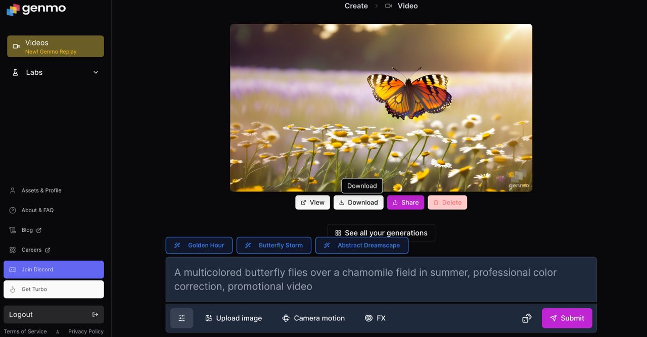 Интерфейс страницы со сгенерированным видео