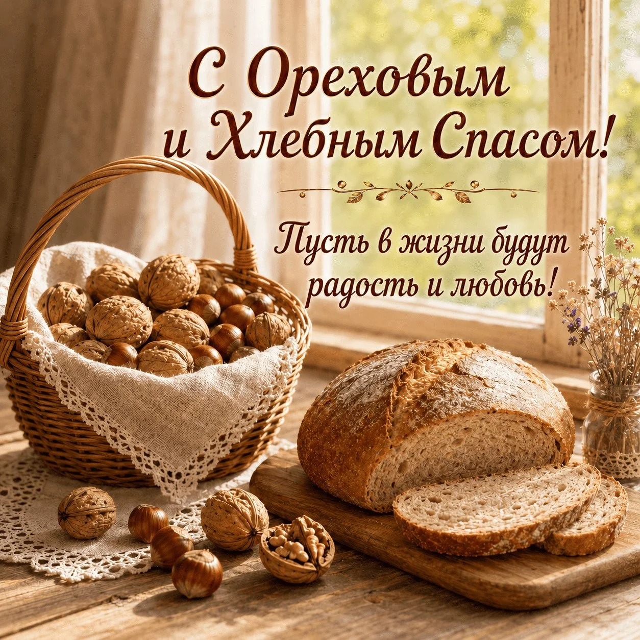 Открытка с Ореховым и Хлебным Спасом с пожеланием радости и любви