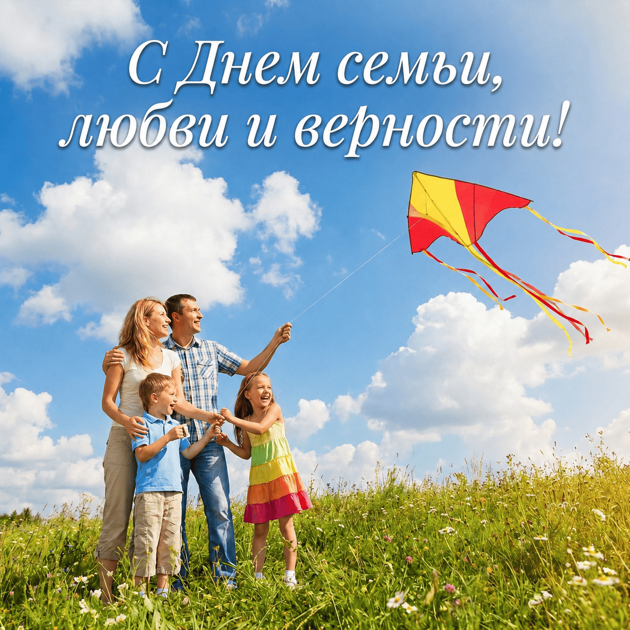 Радостная открытка с семьей, запускающей воздушного змея на холме, и надписью «С Днем семьи, любви и верности!»
