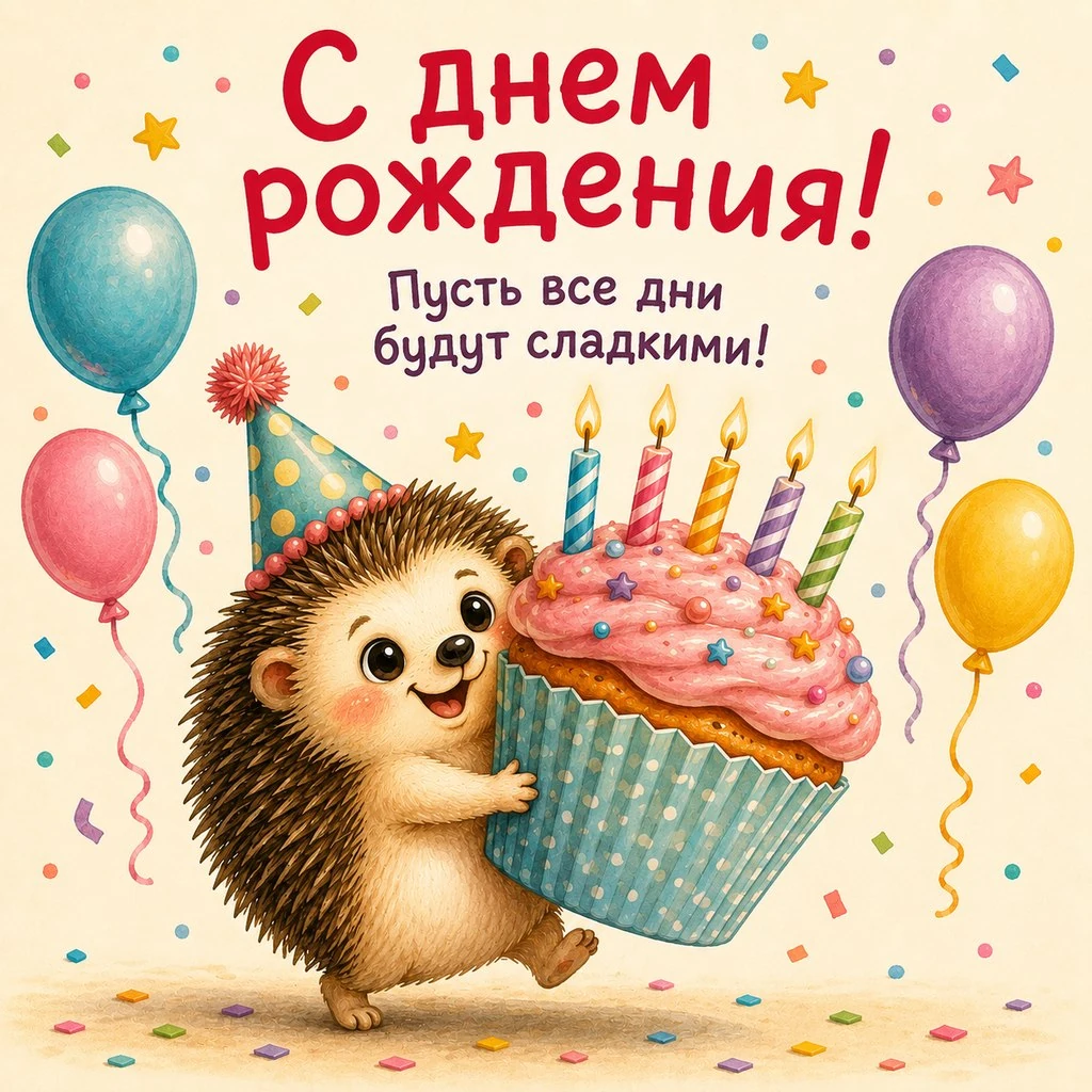 Милая открытка с днем рождения с ежиком