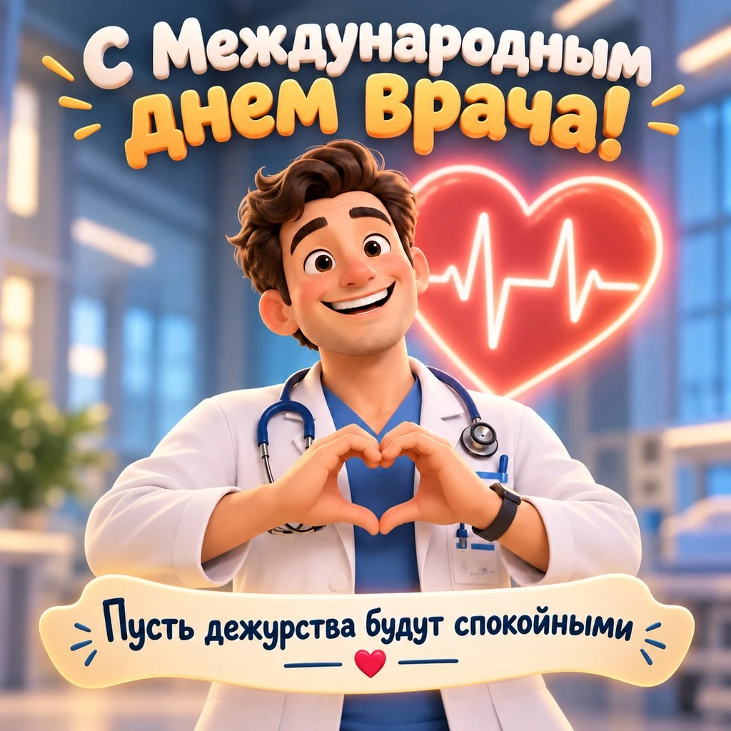Открытка к Международному дню врача с пожеланием «Пусть дежурства будут спокойными!»